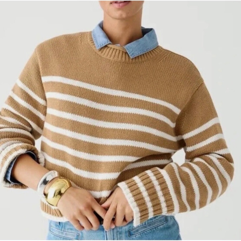 J. Crew Camel and White Striped Cowl-Neck Sweater